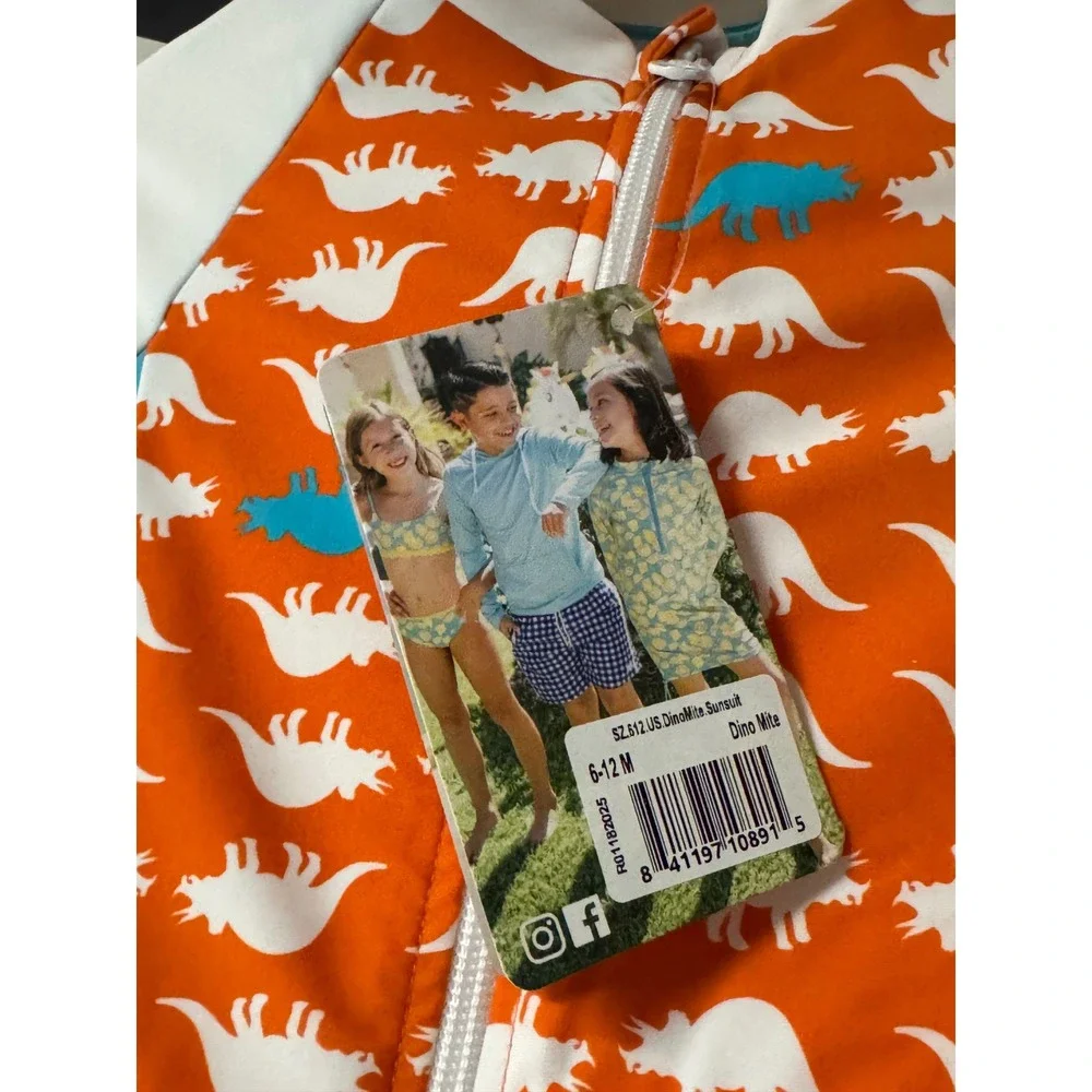 SwimZip Dino Mite Sunsuit Orange Dinosaur UPF 50+ Swimsuit 6-12M Long Sleeve